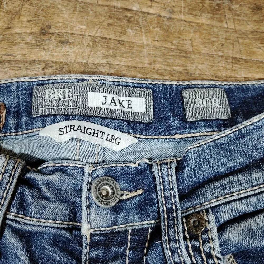 BKE Mens Sz 30R x 31.5 Jeans JAKE Blue Denim Cotton Blend Straight Leg *READ